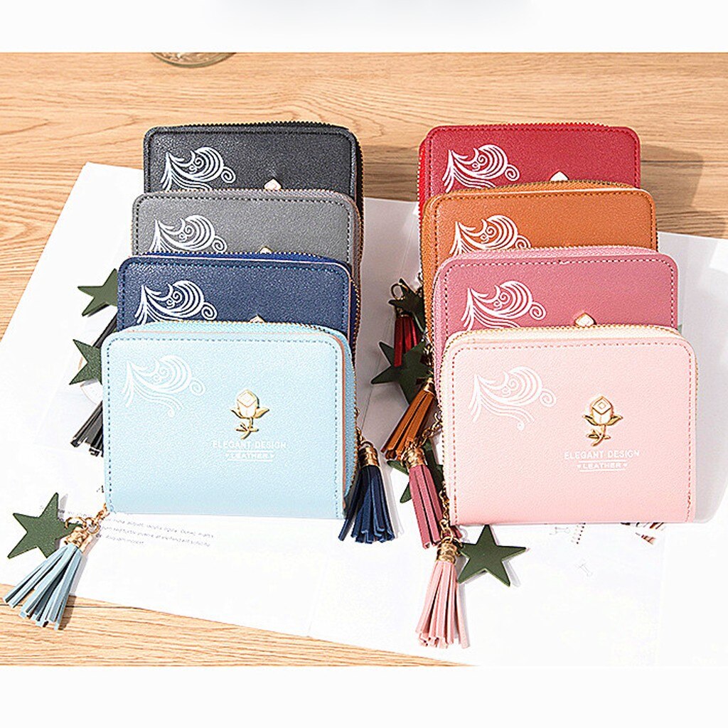 Women’ s Short Solid Color Flower Fringed Leather Wallet Female Simple Travel Outdoor credit card holder purse Mini Cluth Bag