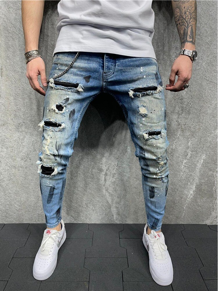 Jeans Men's Slim Ripped Denim Men's Painted Jeans blue Retro Patch Beggar Pants Jumbo Men's Hip Hop Pants Size S-4XL: S