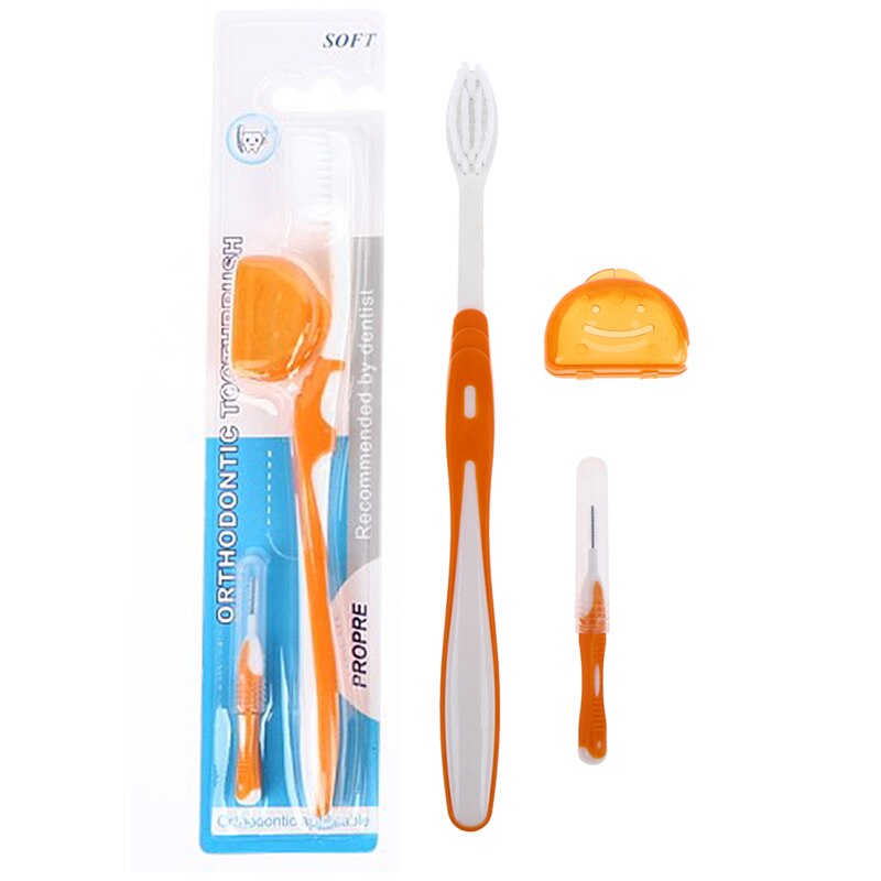 Cepillo de dientes en forma de V para adultos, con funda, Juego de cepillos interdentales, Kit de cepillo de dientes de hilo Dental, limpieza bucal: Naranja