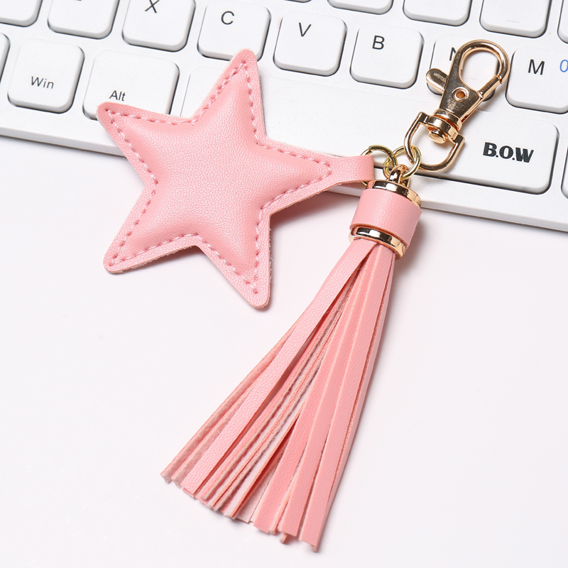 LLavero de borla de cuero PU a la para mujer y niña, colgante de estrella, llaveros con cierre de langosta, accesorios para bolso: Blanco