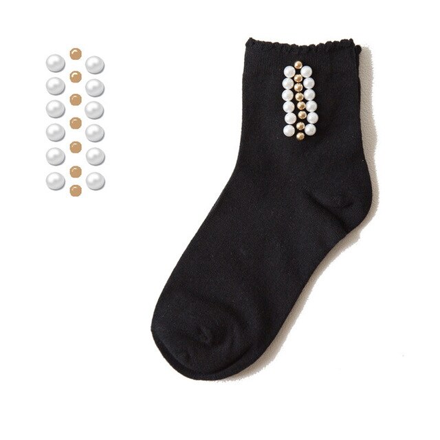 Black/White Korean Reto Pearl Socks Women Elastic Cotton Handmade Meias Socks Harajuku Calcetines Mujer: B