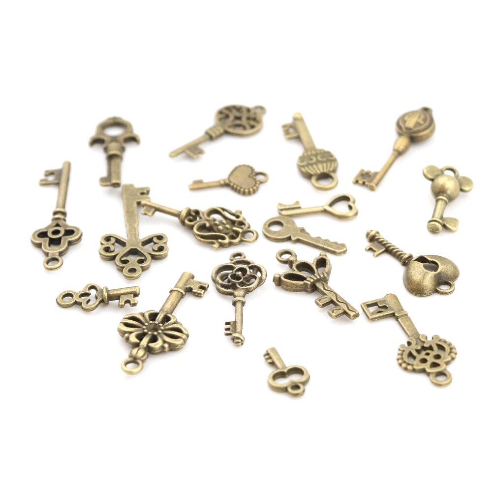 18pcs/sets Bronze Ornate Skeleton Keys Lot Antique Vintage Old Look Necklace Pendant Fancy Heart Decor DIY Craft