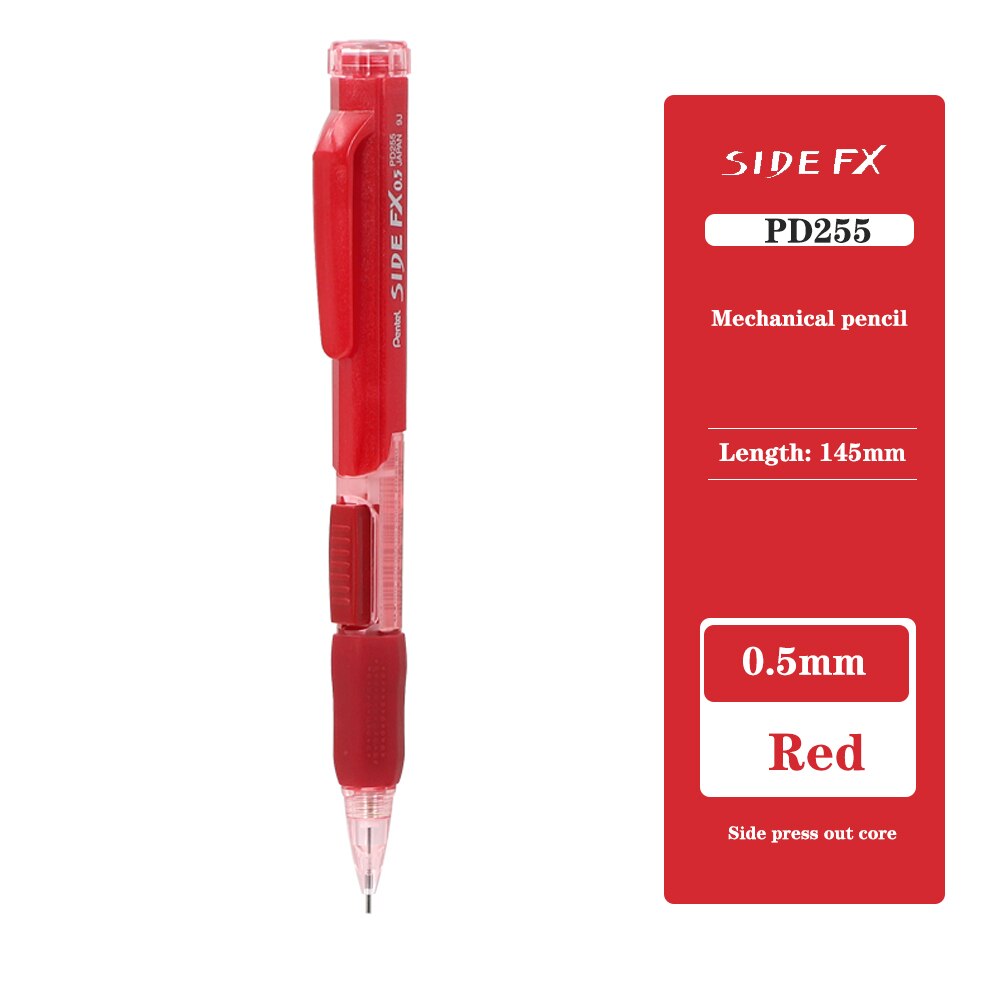 Japanese Pentel Mechanical Pencils PD255 Side Press Out Lead Core 0.5mm/0.7mm Rubber Retractable Activity Pencil Stationery: 0.5mm Red