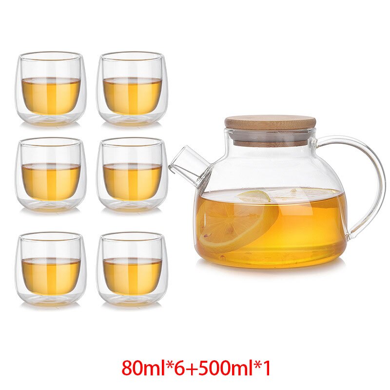 Tea Pot Set Heat Resistant Glass Tea Water Pot With Wooden Cover Coffee Tea Heating Cold Kettle Cup Tea Set