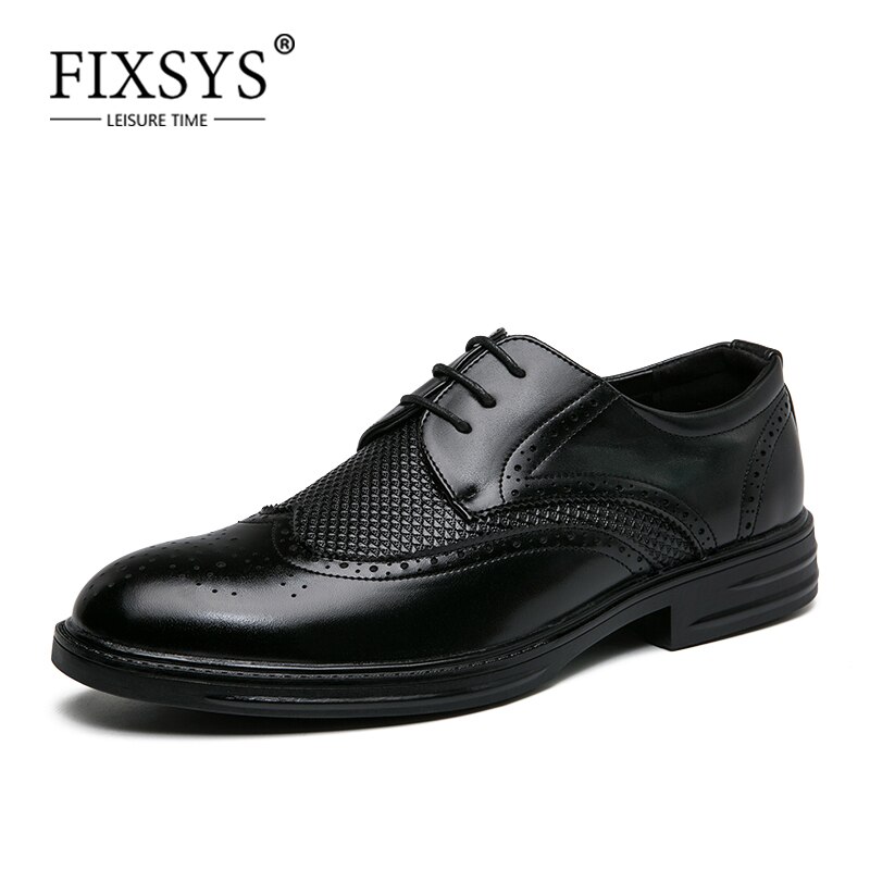FIXSYS Leather Man Brogue Shoes Pointed Toe Oxford Shoes Classic Business Office Formal Shoes Stylish Mens Lace Up Wedding Shoes