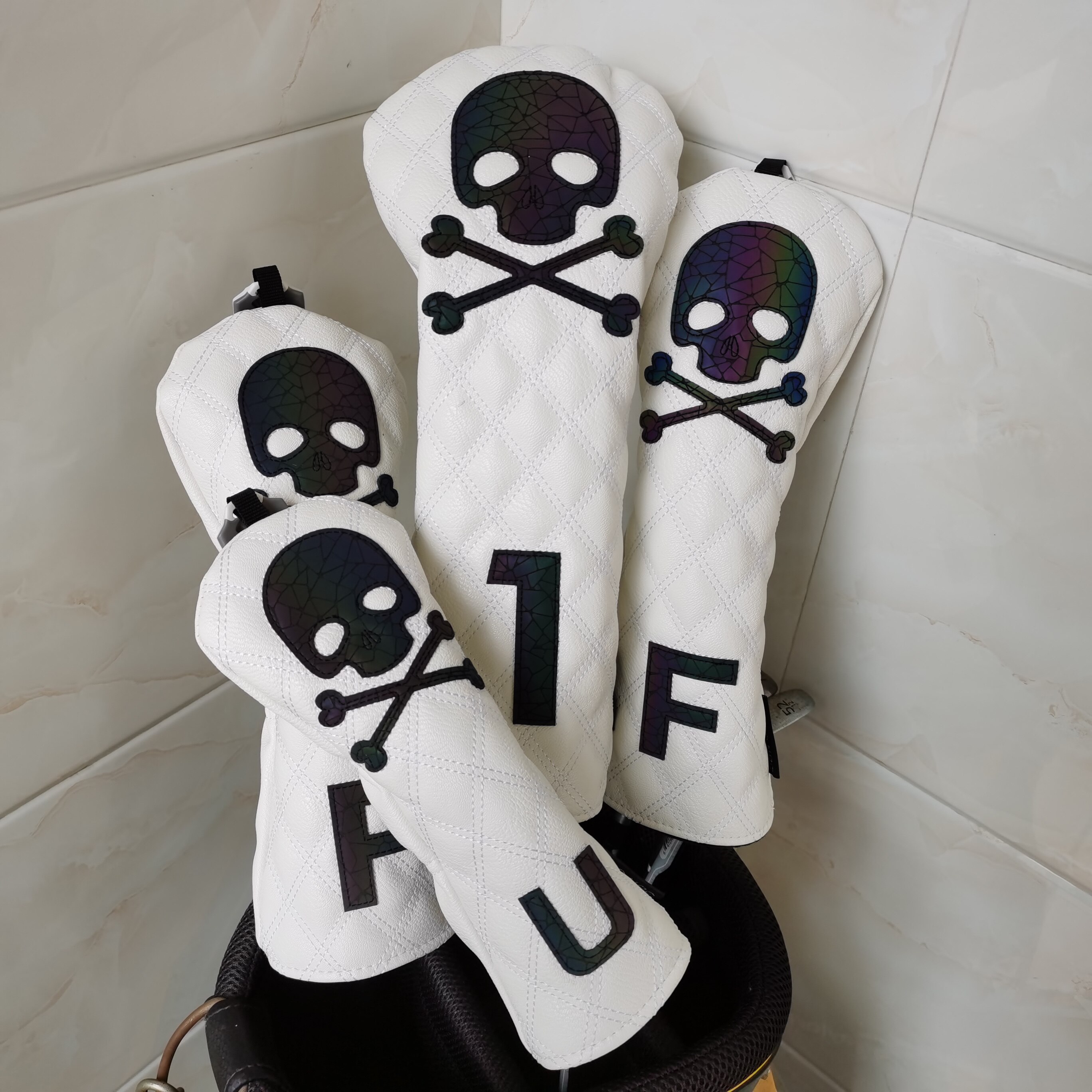 PU Leather Golf Wood Headcovers SKULL For Driver Fairways Rescue Golf Club Head Covers WHITE&amp;BLACK