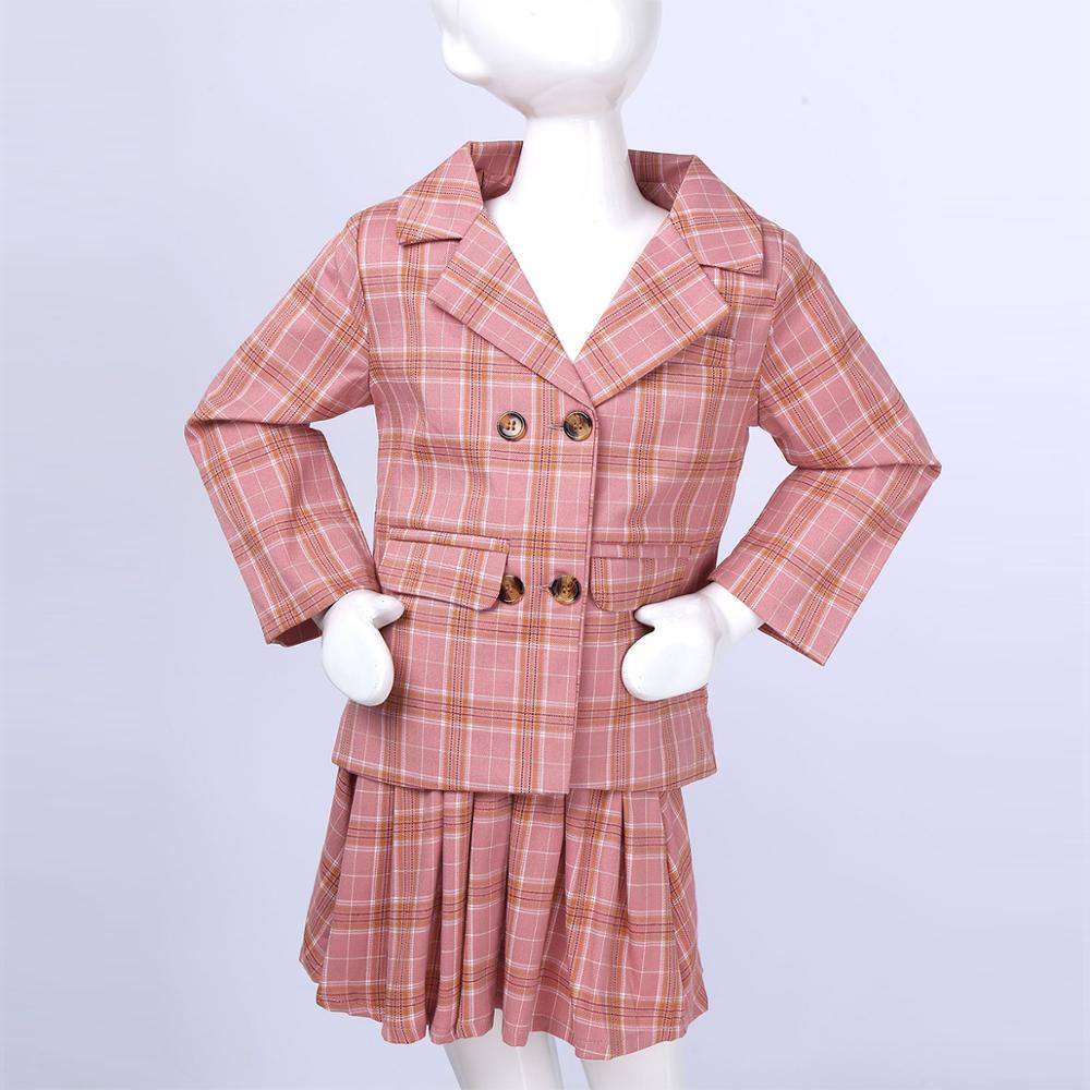 Kids Girls Clothes Set Plaid Suit School Uniform Long Sleeve Double-breasted Suit Top Pink Plaid Skirt Children Clothing Set