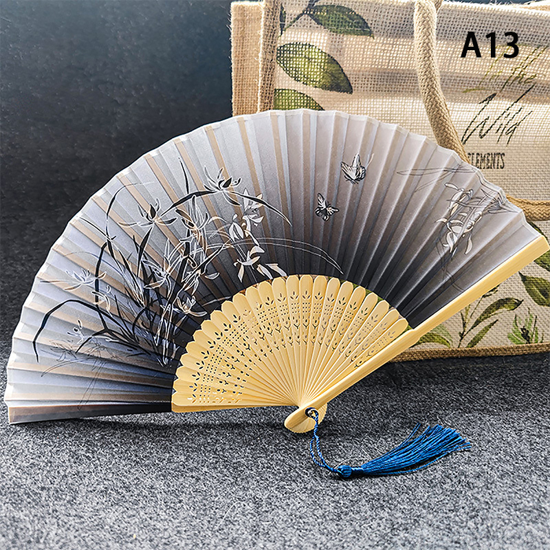 Chinese Japanese Pattern Vintage Flower Butterfly Silk cloth Folding Fan Art Craft Home Decor Ornament Dance Hand Fan Fan: khaki