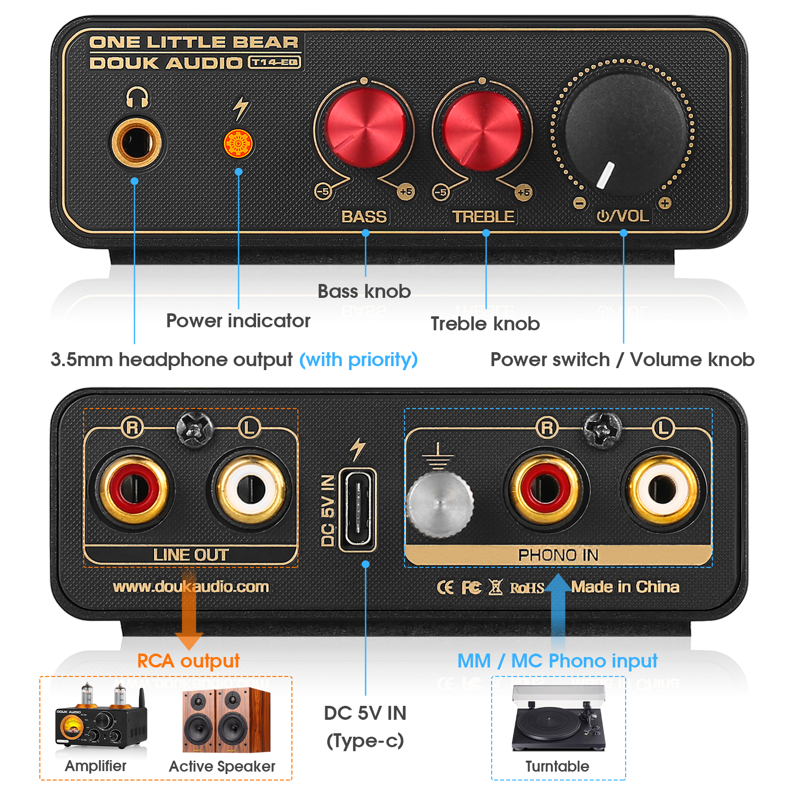 Douk Audio T14-EQ Stereo RIAA MM/MC Phono Bühnenvorverstärker Heim-Plattenspieler Vorverstärker mit 3,5-mm-Kopfhörerverstärker
