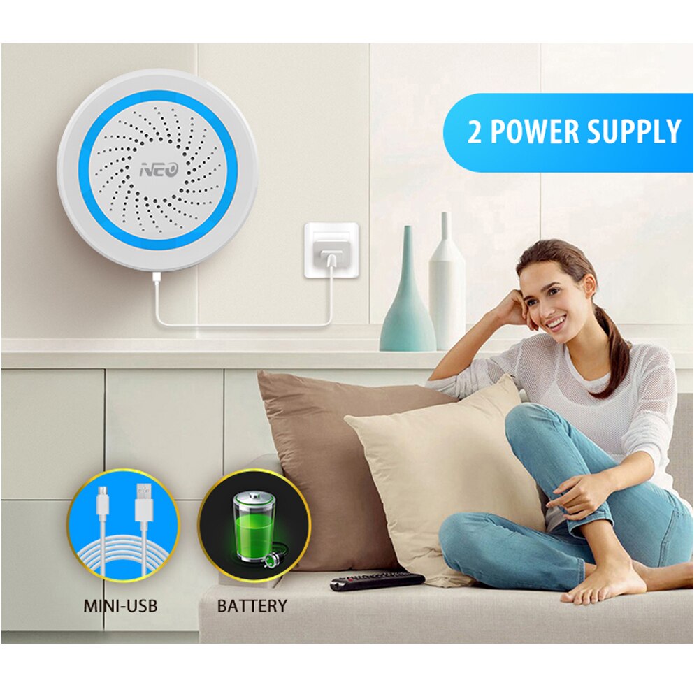 NEO Z Wave Plus — Sans fil gestion automatisée, à piles, chargement usb possible, dotée de capteur de mouvement, système d&#39;alarme avec sirène
