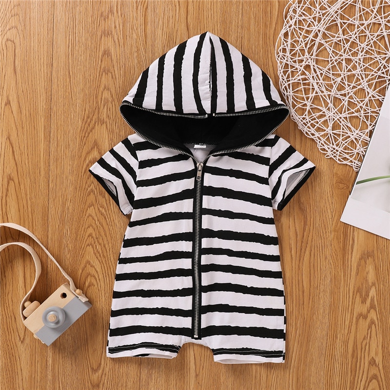 Infant Short Sleeve Romper Summer Baby Black White Stripe Patterns Zipper Open Front Hooded Jumpsuit for Boys and Girls