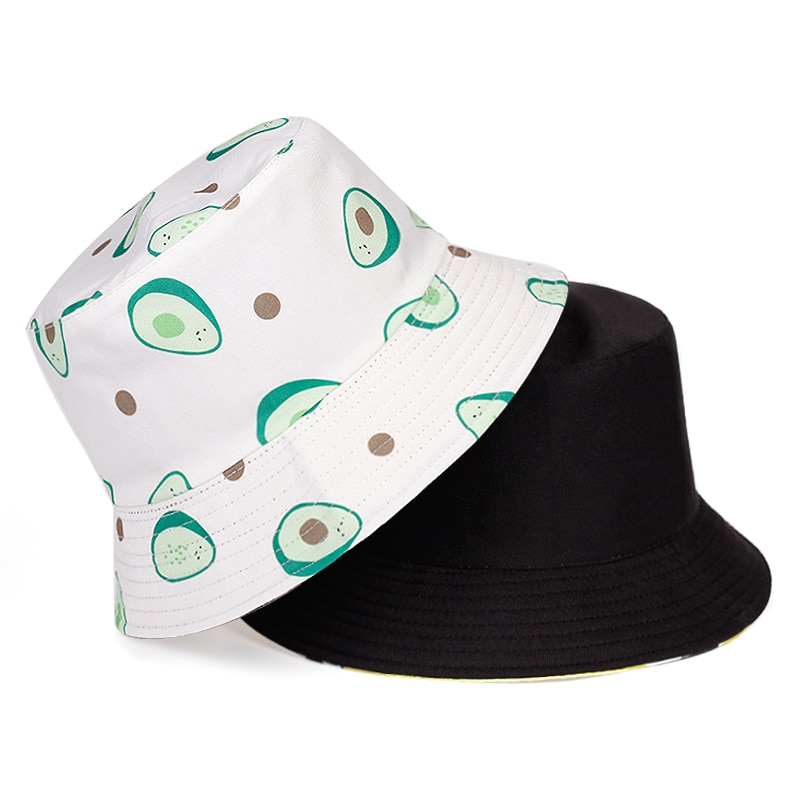 Neutrale fruit bedrukte vissershoed heren outdoor reis zonnehoeden dubbelzijdig draagbare zomerhoed panama emmerhoed: Witte peer