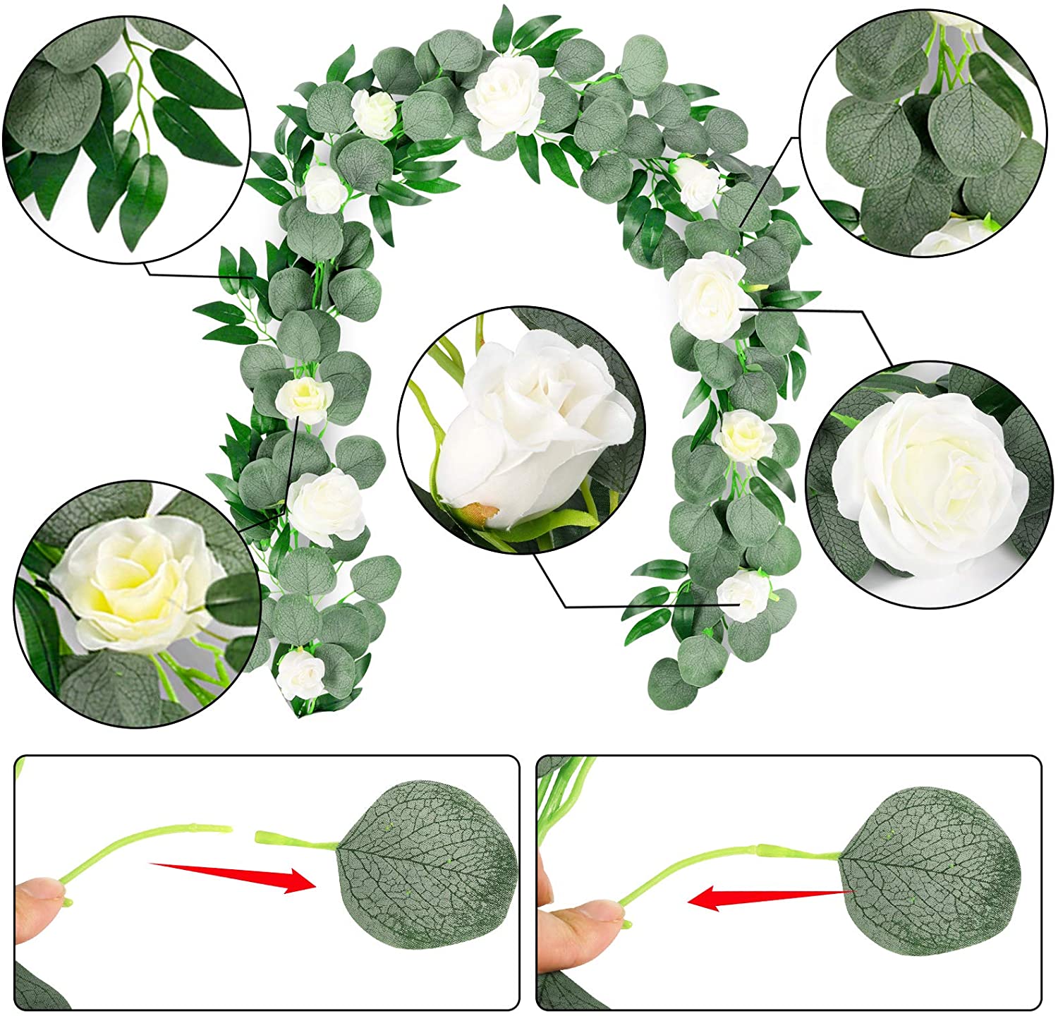 1pcs Artificial Eucalyptus Garland with Flowers, Greenery Garland White Rose Garland Eucalyptus Vines,White Flower Garland