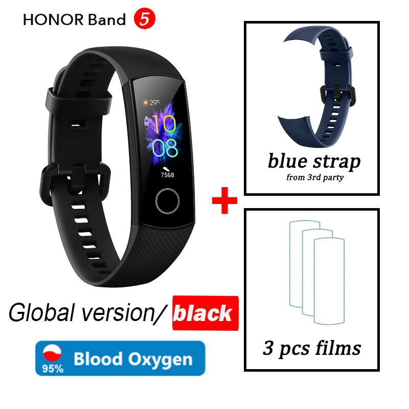 Honor band 5 wereldwijde versie smartband amoled hartslag fitness slaap zwemmen sport bloedzuurstofmeter: Zwart wereldwijd blauw