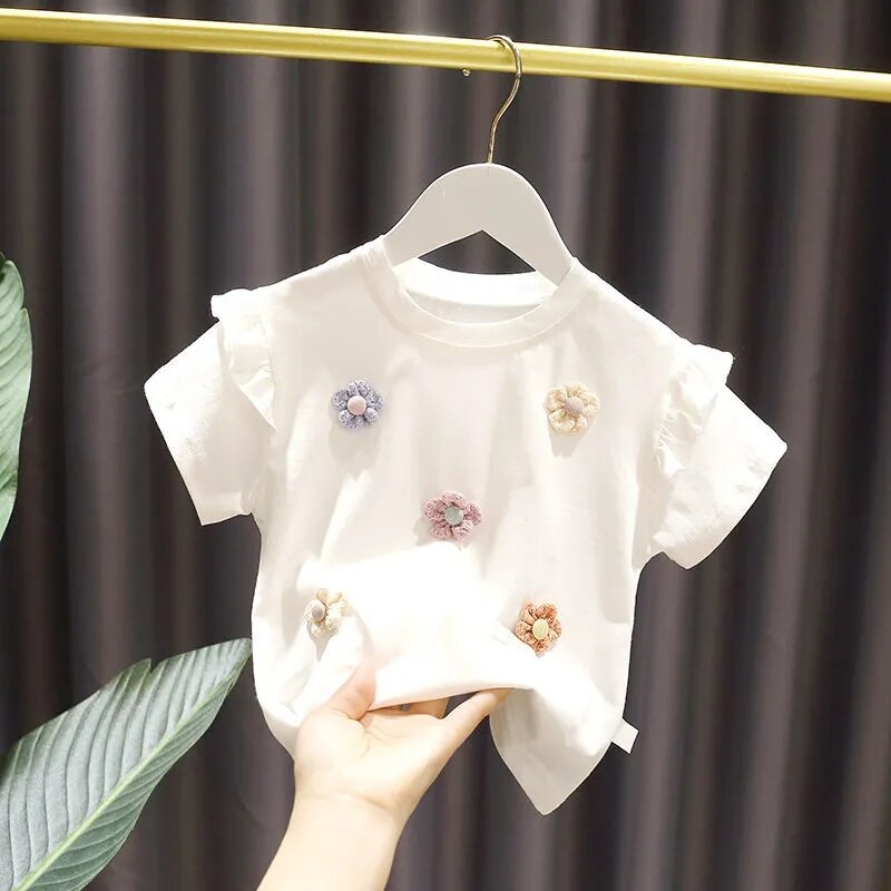 Ragazze di estate T-Shirt dei Nuovi bambini Del Bambino Sveglio Del Merletto a maniche corte Top Po &#39;Della Ragazza del Cotone Che Basa La Camicia