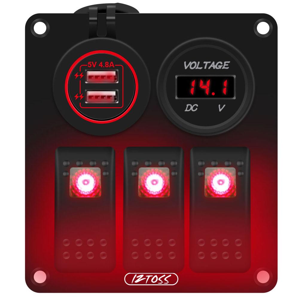 3 Gang Aluminium Rocker Switch Panel 12V Met Digitale Voltmeter En 4.8A Dual Usb Lader Waterdicht Voor Boot Marine auto Rv: Red Light