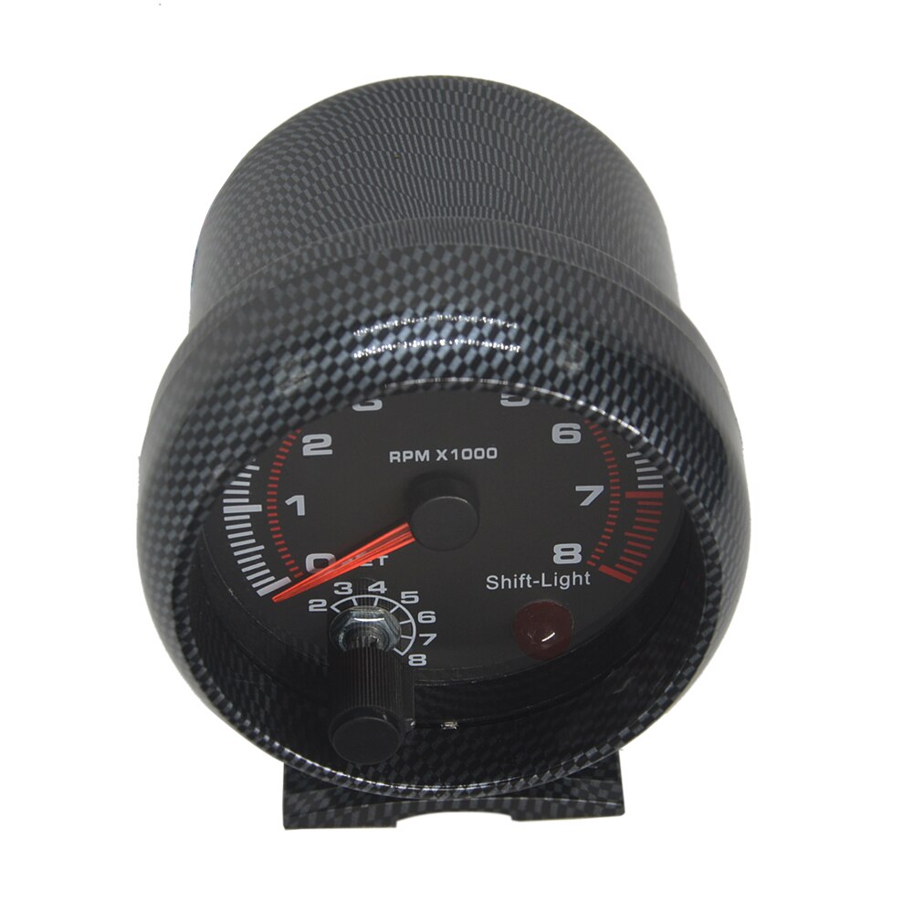 Dragon 3.75 Inch Carbon Grain Paint Shell White Shift-Light Car Tachometer Gauge 0-8000 RPM Meter Warning Function