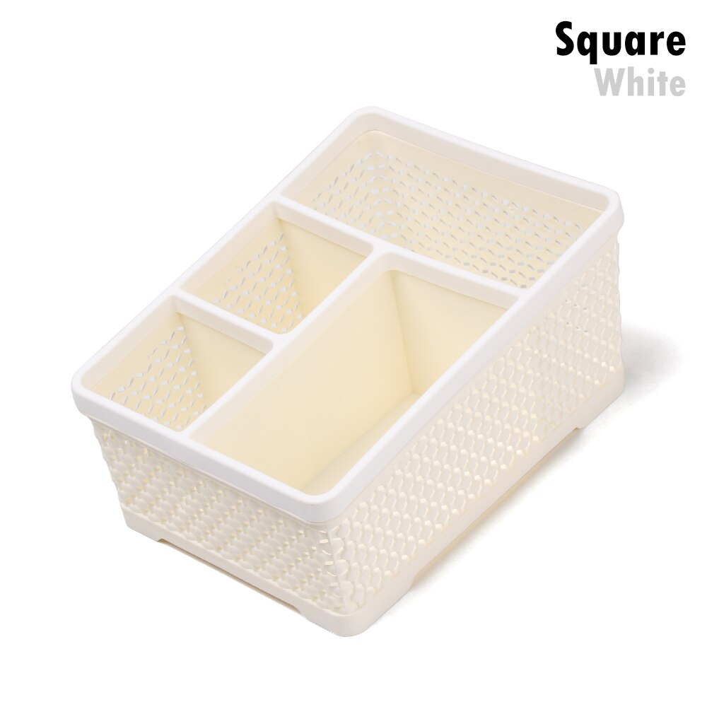1pc rotan gevlochten multi-grid houder desktop organizer opbergdoos bureau afwerking bureau decoratie kantoorbenodigdheden schoolbenodigdheden: Vierkant wit