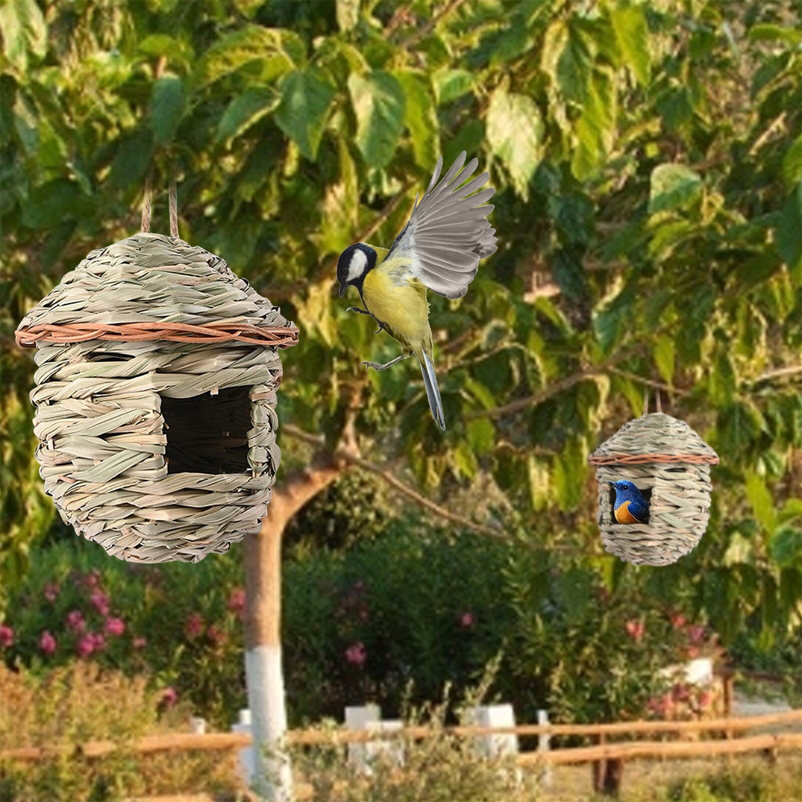 Straw Woven Bird House Nests Box Hanging Bird Nests Home Garden Decoration QW