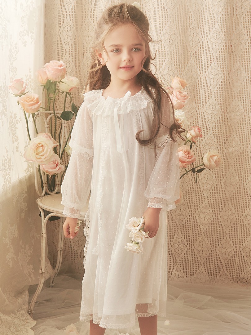 Sweet Princess Nightgown For Girls Long Sleeve Mesh Ruffles Mid Length Bathrobe 2-12y Kid Child Lovely Nightdress Sleeping Dress