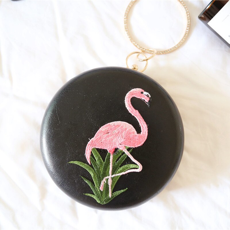 Women's Round Evening Bag - Vintage Style - Flamingo Embroidery - PU Leather - Chain Strap