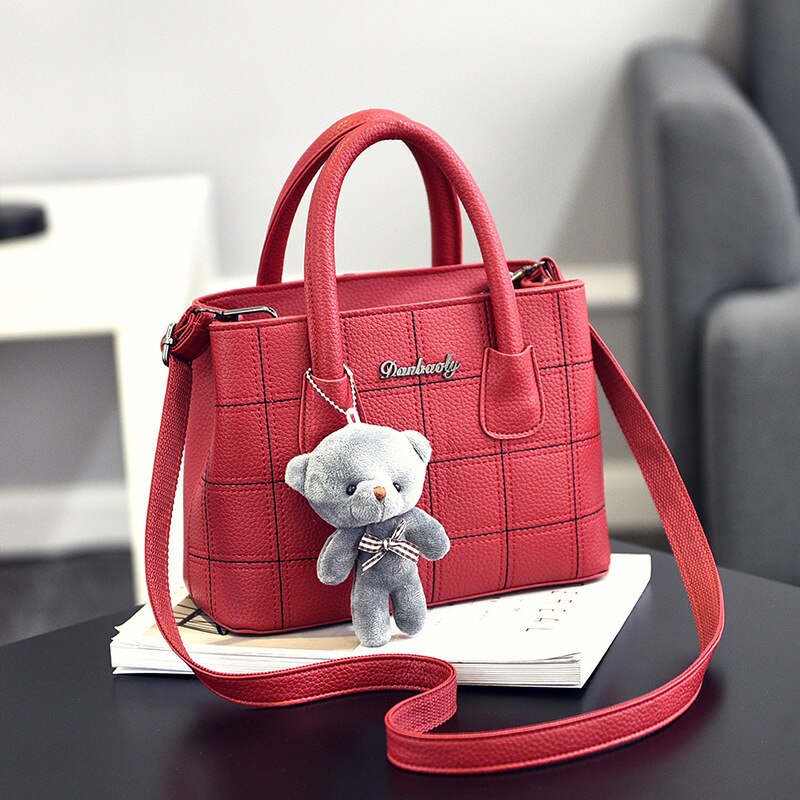 Sac à main en cuir Pu pour femmes, fourre-tout à motif à carreaux, petit sac à bandoulière, fourre-tout de dessin animé ours,