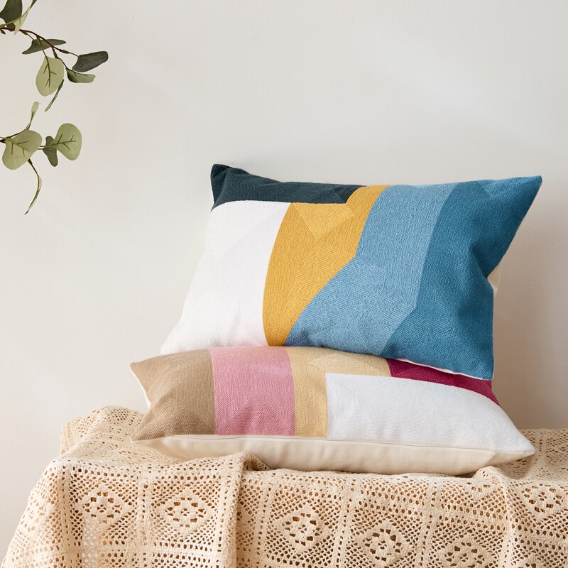 DUNXDECO Kussenhoes Taille Decoratieve Kussensloop Abstracte Artistieke Eenvoudige Geometrische Katoenen Draad Borduurwerk Beddengoed Coussin