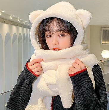 INS Bear – ensemble de gants et écharpes en peluche pour femme, chapeau et décontracté, en molleton solide, accessoires Kawaii, nouveauté hiver: White 2Pcs suit