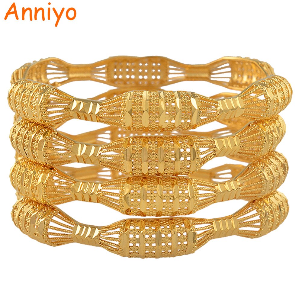 Anniyo 4 Stks/partij, niet Open/Dubai Bangle Armband Voor Vrouwen Gouden Kleur Sieraden Afrikaanse Arabische #088106M