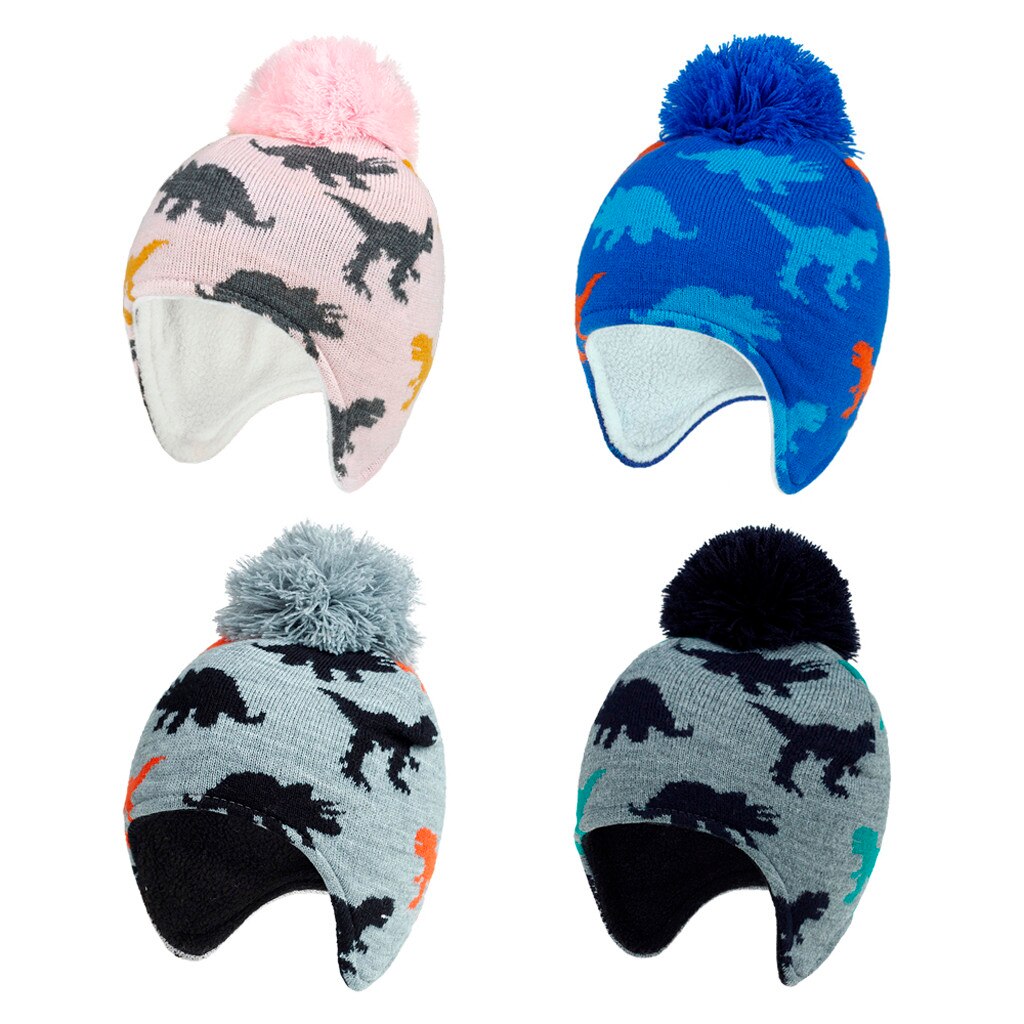 Berretto per bambini cappello di lana modello dinosauro ragazzi e ragazze cappello lavorato a maglia termico cappello Hairball Kawaii cappello caldo invernale 10.23