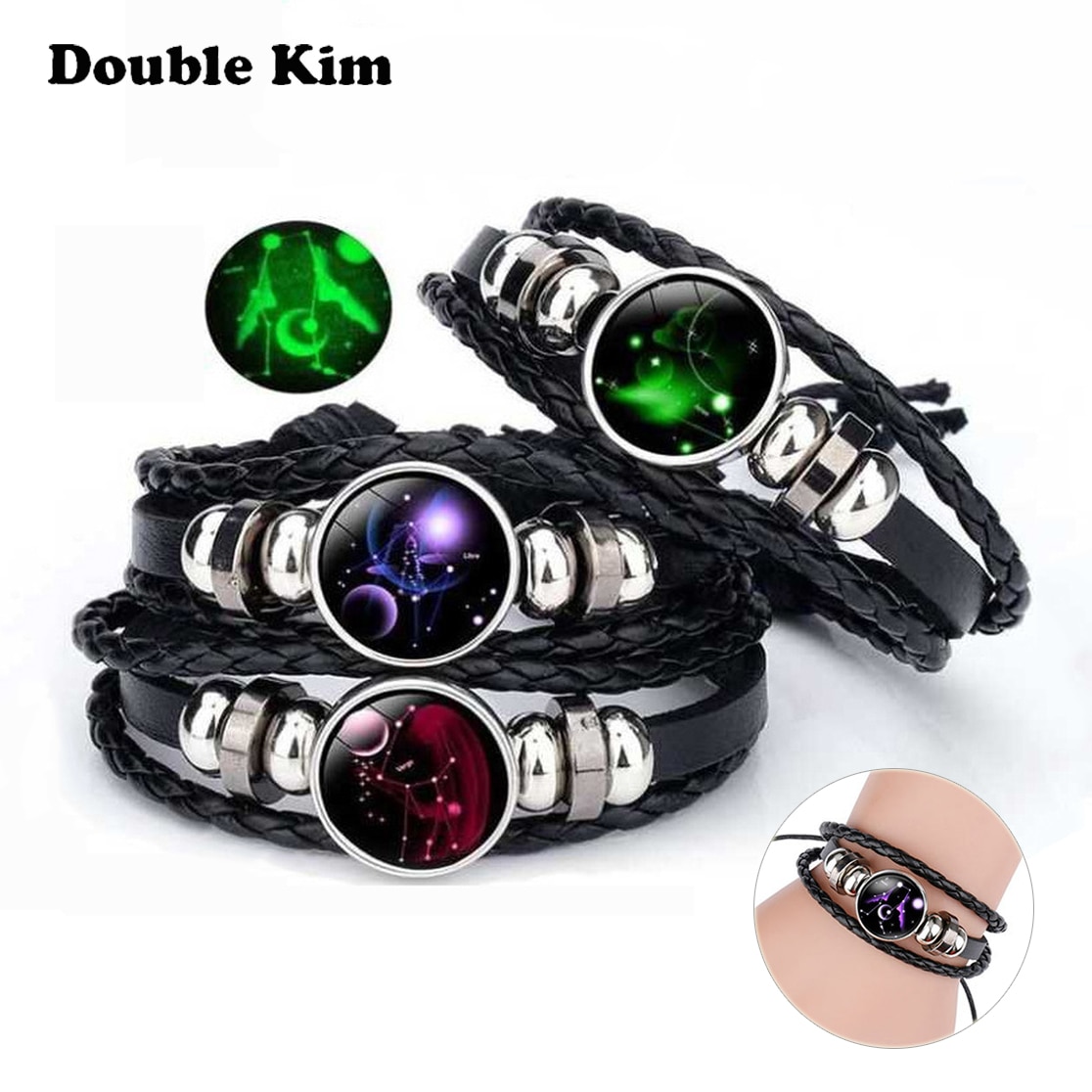 Horóscopo astrología 12 Zodiaco tejido luminoso cuero de vaca cielo estrellado pulsera hombres mujeres Acero inoxidable pulsera joyería