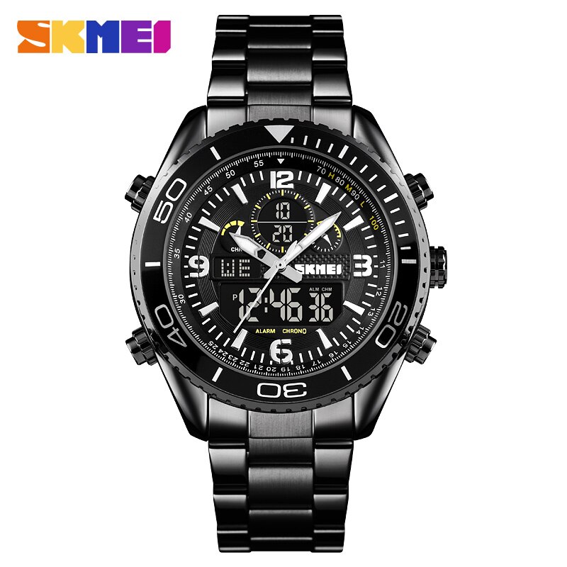 SKMEI 1600 Dual Display Watches Mens Digital Wristwatches Chrono Alarm Men Clock Waterproof Stainless Steel reloj hombre: Black
