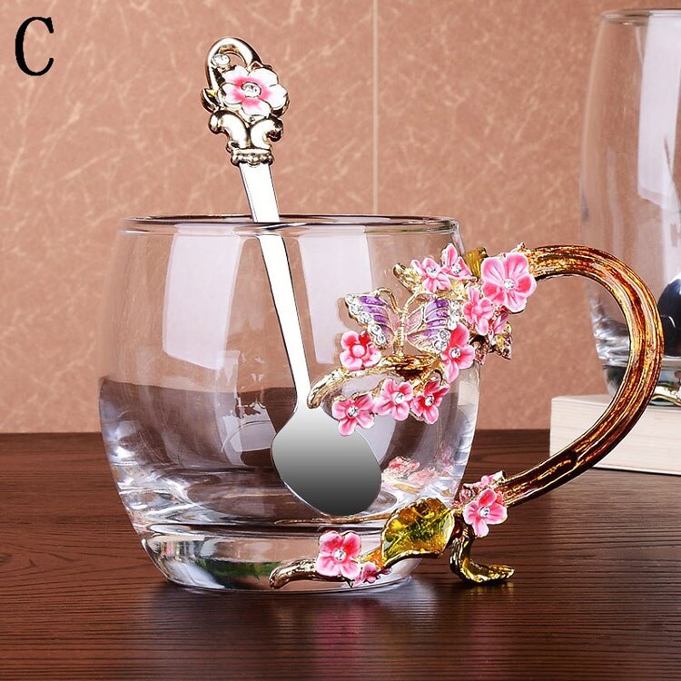 Emalje kaffekop krus blomst te drikkeglas kopper med håndtag til og kolde drikke med hættepude og klud til: C