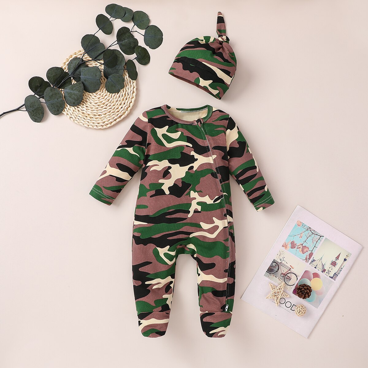 Ensemble de vêtements de printemps et d'automne pour bébé, combinaison à fermeture éclair et chapeau pour garçon et fille