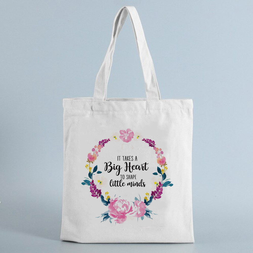 It Takes A Big Heart To Shape Little Mind Canvas Reusable Shopping Bag Teacher Shoulder Cloth Bags Shopper Tote Bag: B3180-TBWH-M