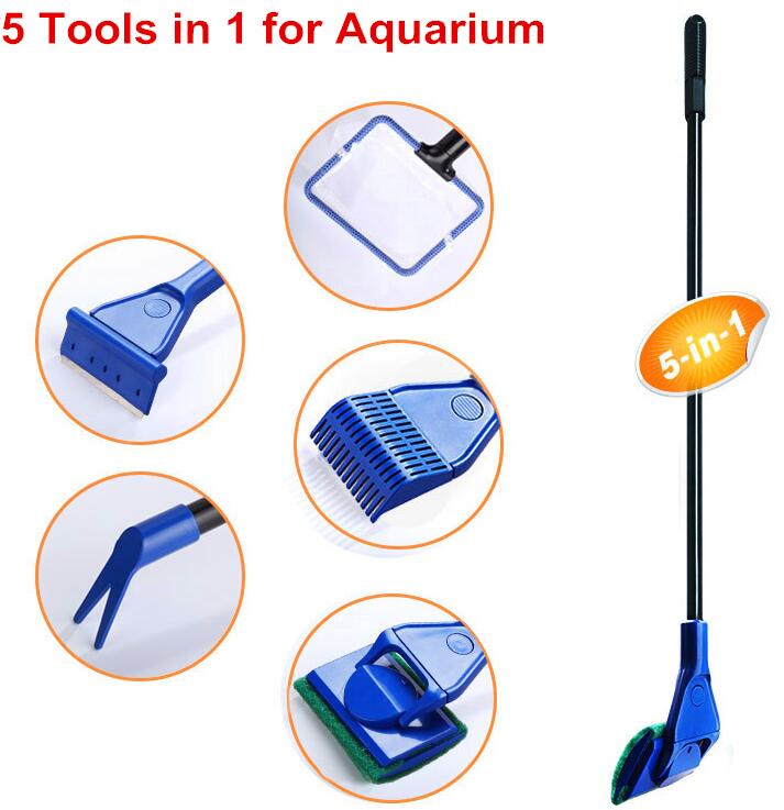 5 In 1 Aquarium Cleaning Tools Aquarium Tank Schoon Set Fish Net Grindhark Algen Schraper Vork Spons Borstel Glas cleaner: Default Title