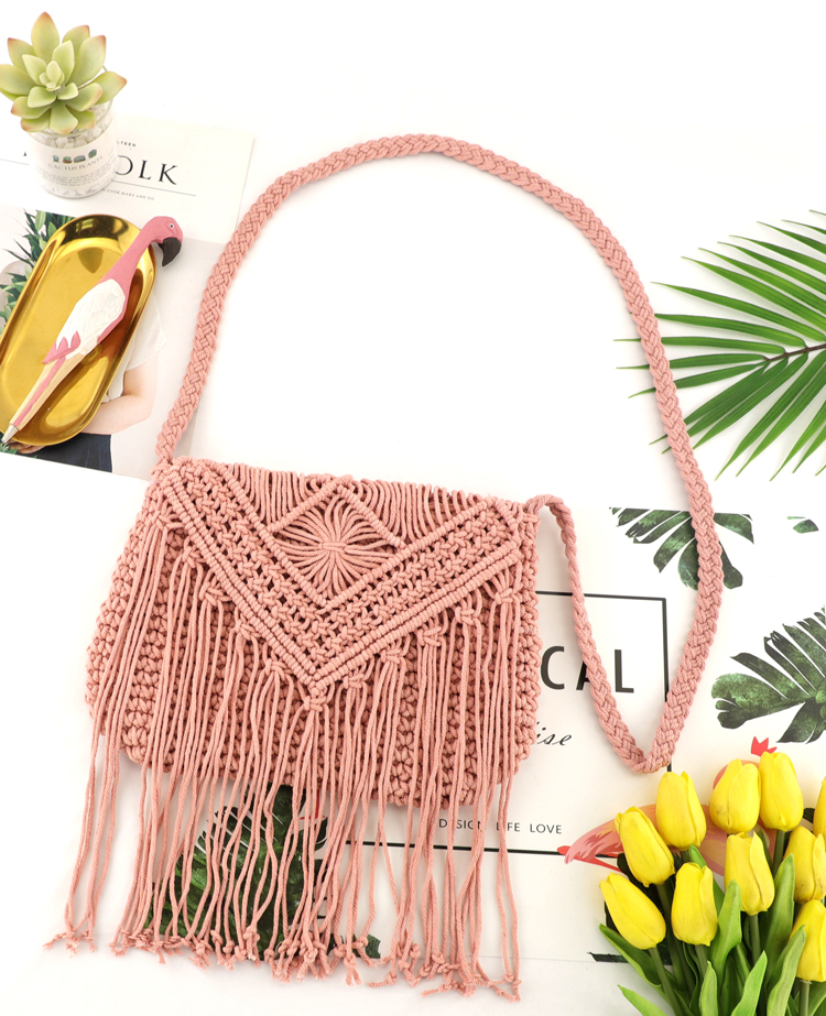Sac de paille à pompon creux, sac de plage à rabat tissé à la main, sac à bandoulière en corde de coton: PINK