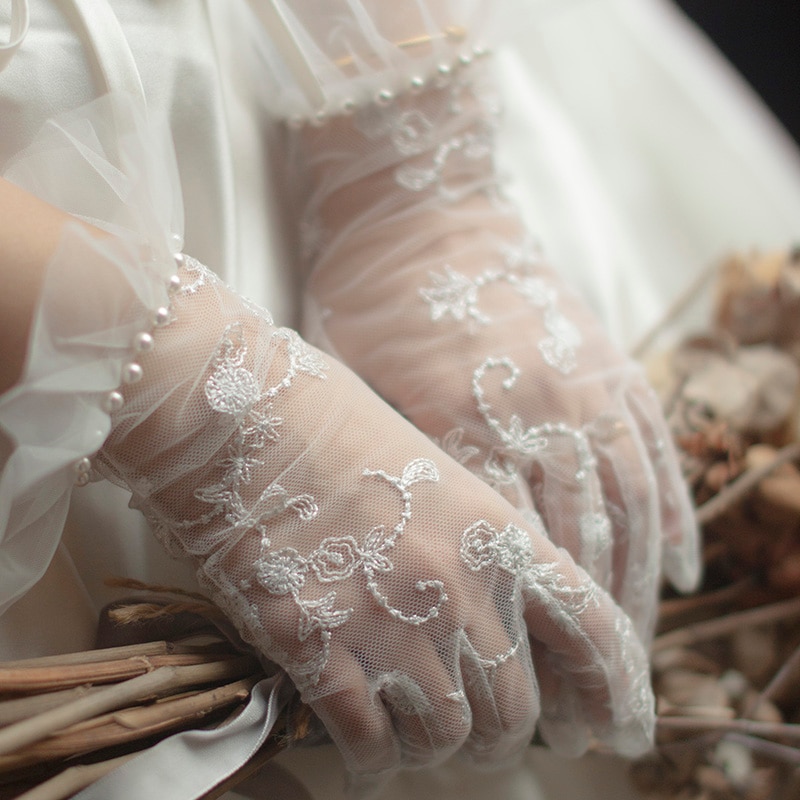 Originele Parel Bruids Handschoenen Kant Bruid Bruiloft Handschoenen Mesh Bruiloft Handschoenen Voor Bruid Witte Handschoenen