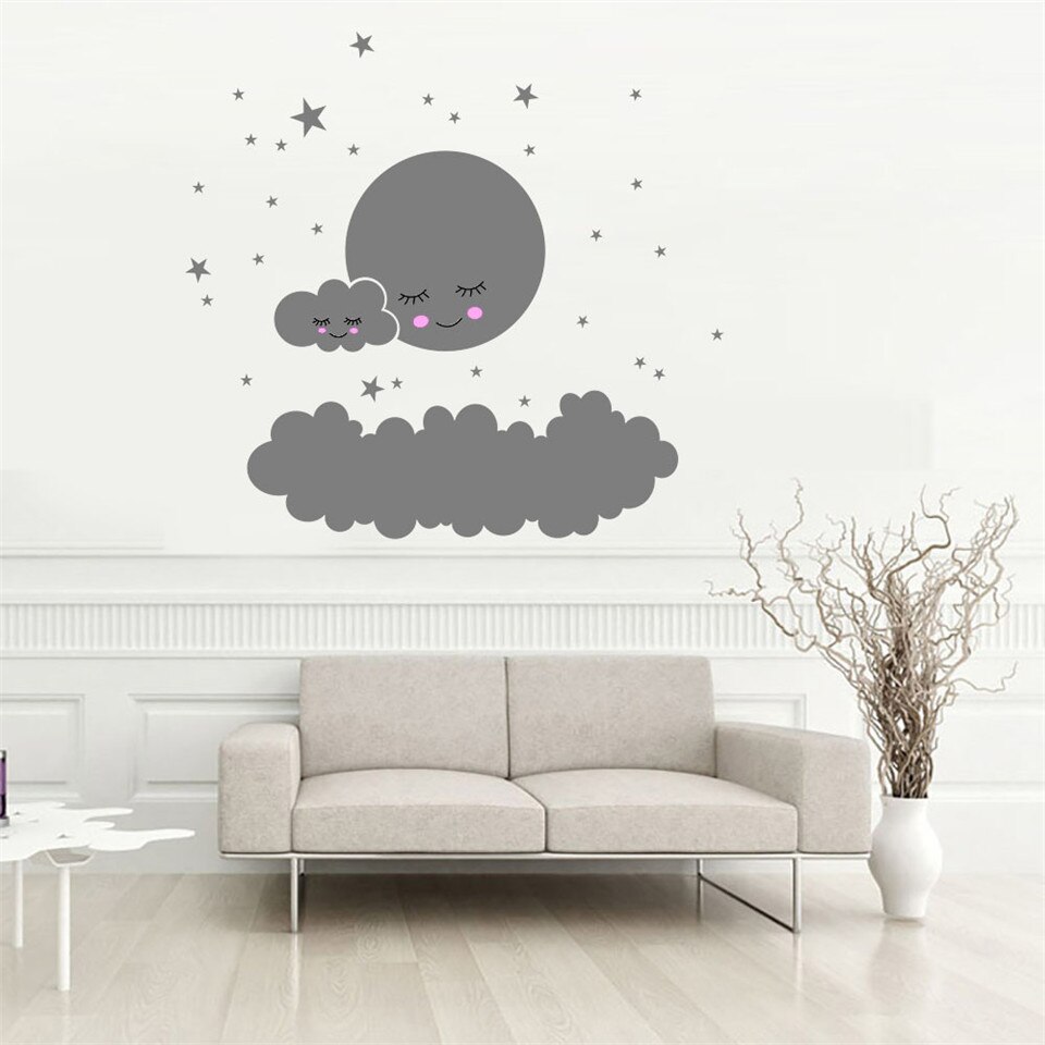 Cartoon Slapen Grijs Wolken Ster Muurstickers Baby Kids Slaapkamer Nursery Sticker Muurschildering PVC Poster Home Kinderen