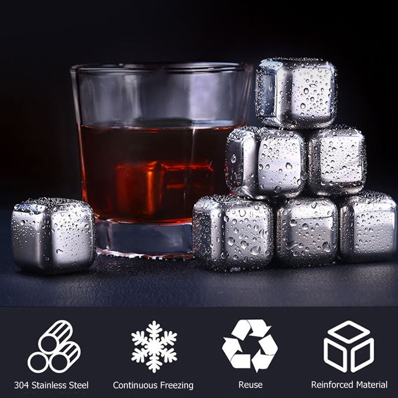Stainless Steel Whiskey Stones Set Reusable Ice Cubes for Drinks Cocktail Shaker Whiskey Rocks Chilling Stones + Ice Tongs