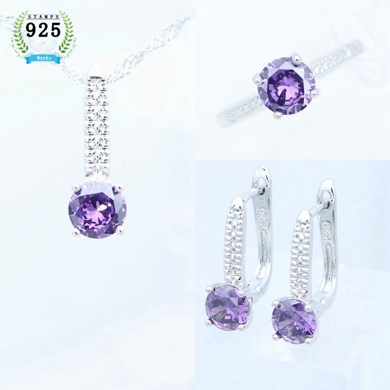 925 Sterling Zilveren Bruids Sieraden Set Sapphire Oorbellen Hanger Ketting Open Ring Voor Vrouwen Gratis Box: Paars