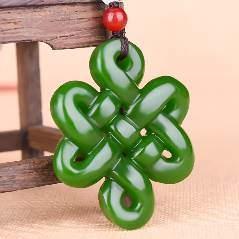 Natural Green White Jade Chinese Knot Pendant Beads Necklace Charm Jewelry Double-sided Hollow Carved Amulet for Her