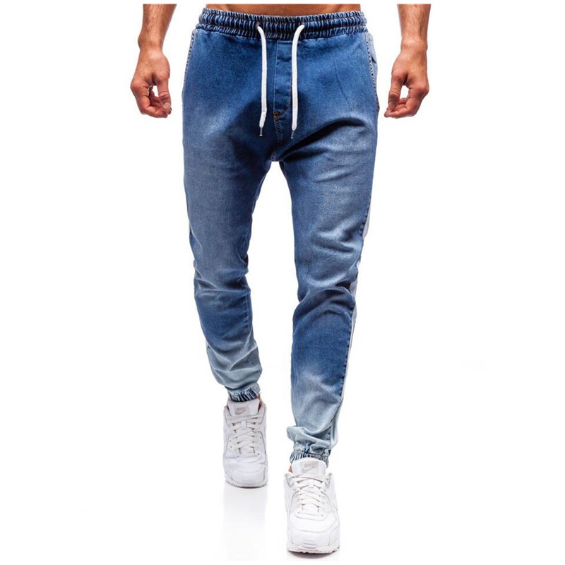 Män jeans trendiga män skinny jeans biker förstörd sliten passform jeans ripped jeans byxor sidan rand penna byxor casual jeans