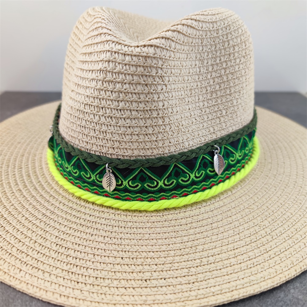 Boho stil solhat bred skygge floppy sommerhatte til kvinder strand panama stråkuppel blomsterhat femme skyggehat: 18