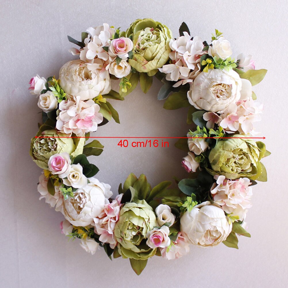 Corona de flores artificiales Vintage europea, corona de peonía para puerta de 16 pulgadas, corona de primavera, corona redonda para decoración de Festival de boda
