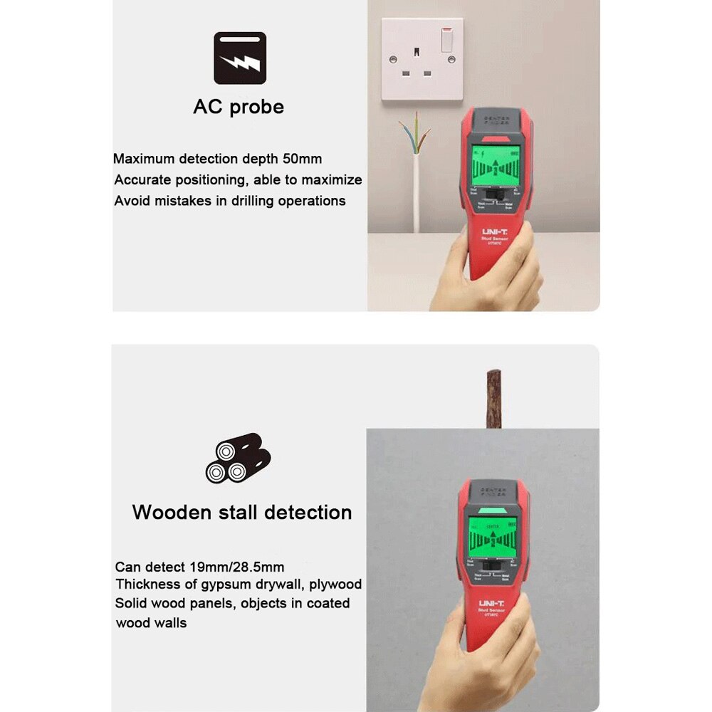 UNI-T 4 in 1 Wall Scanner Metal Detector UT387C AC Voltage Live Wire Wood Stud Finder Copper LCD HD Display Buzzer Calibration