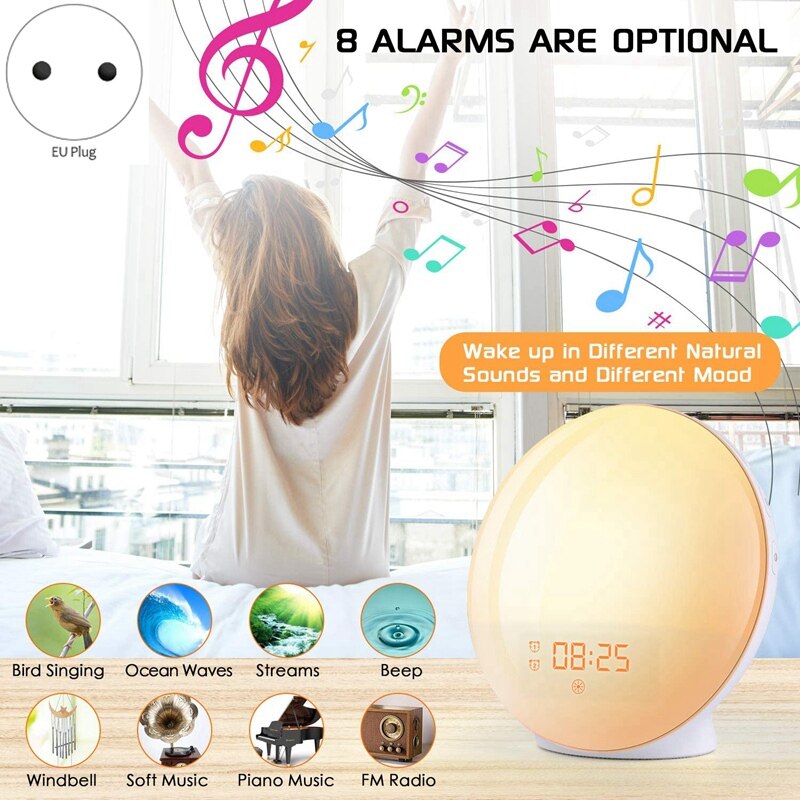 Alarm Clock Wake Up Light Light Alarm Clock with Sunrise/Sunset Simulation Dual Alarms, 7 Colors Atmosphere Lamp EU Plug