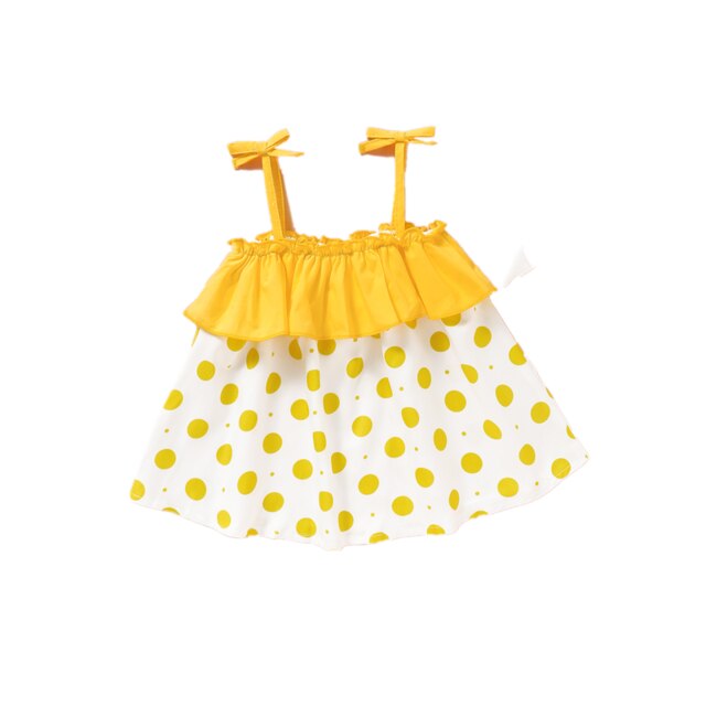 Vestiti del bambino della ragazza 6-9 mesi puntini gialli senza maniche gilet increspature camicia superiore spedizione gratuita ragazza del bambino abiti estivi abbigliamento: 74(3-6M)