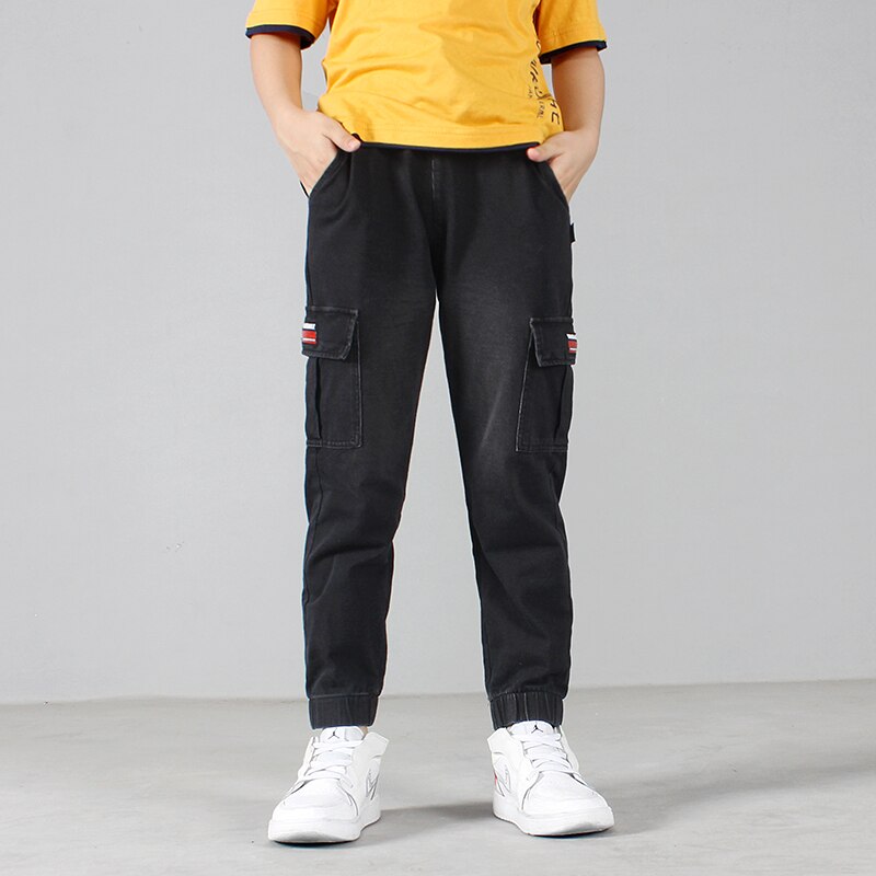 freundlicher Kausalen Jeans Hosen Frühling Herbst freundlicher betroffen Fracht Denim Hosen Hosen Für Jugendliche Jungen 110-160 CM Tragen cyf774: Schwarz / 140CM
