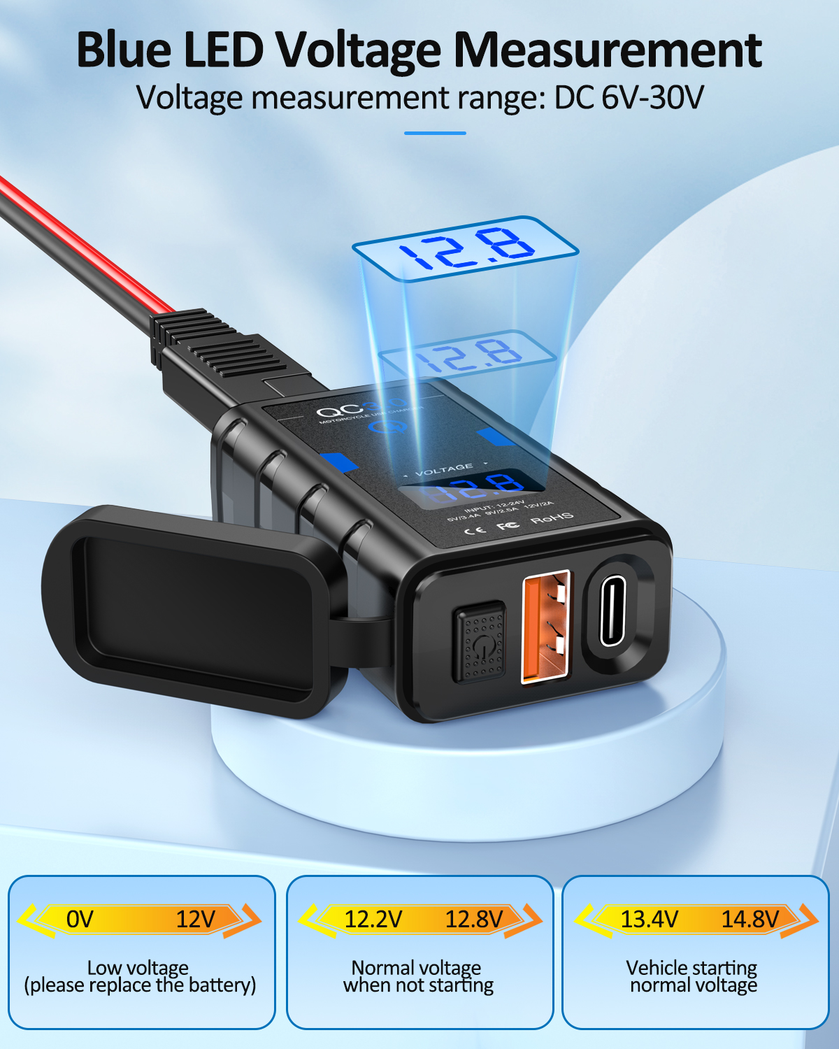 Powstation Waterdichte motorfiets telefoonoplader QC3.0 USB + Type C 6.4A oplader met snoer Voltmeter Moto-voedingsaansluiting